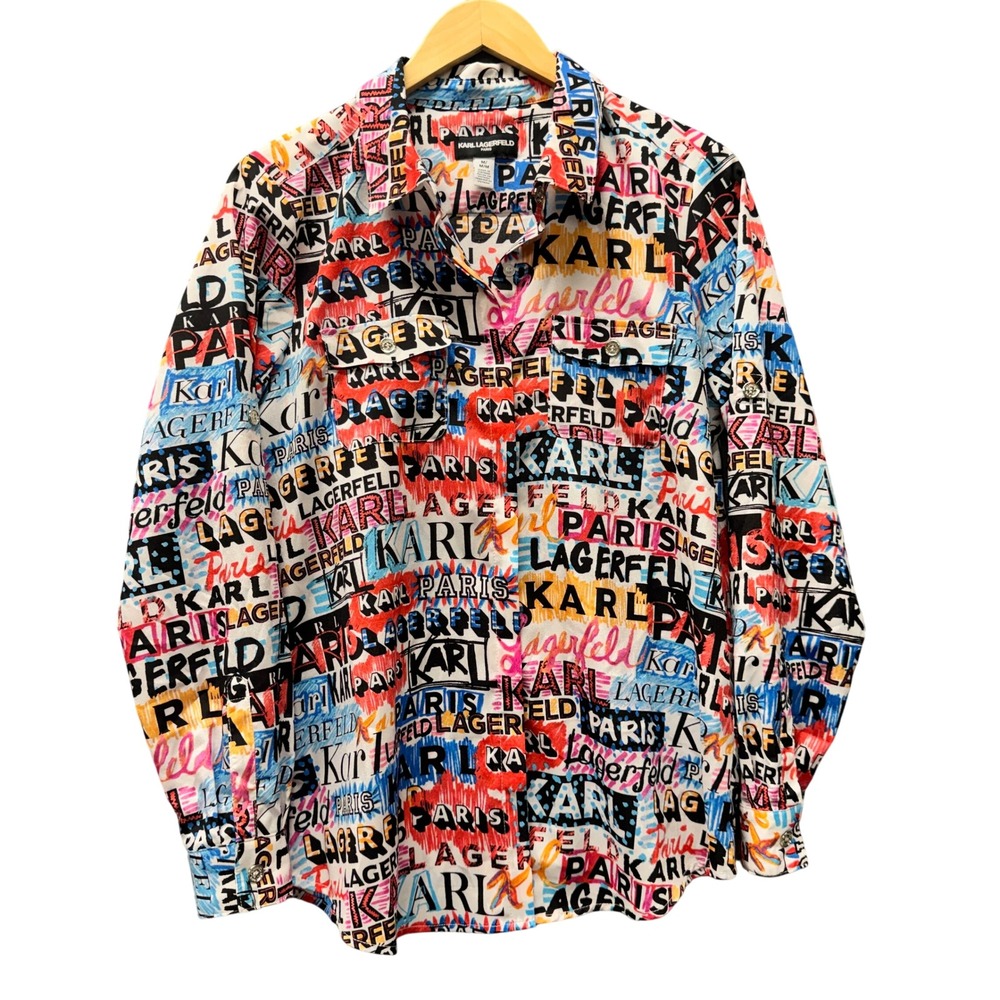Karl Lagerfeld Paris Blouse Womens M Graffiti Logo Multi Color Roll Tab Shirt